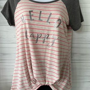 Maurice’s Women’s Striped Knot Hem Tee White-gray & Pink, Silver lettering.